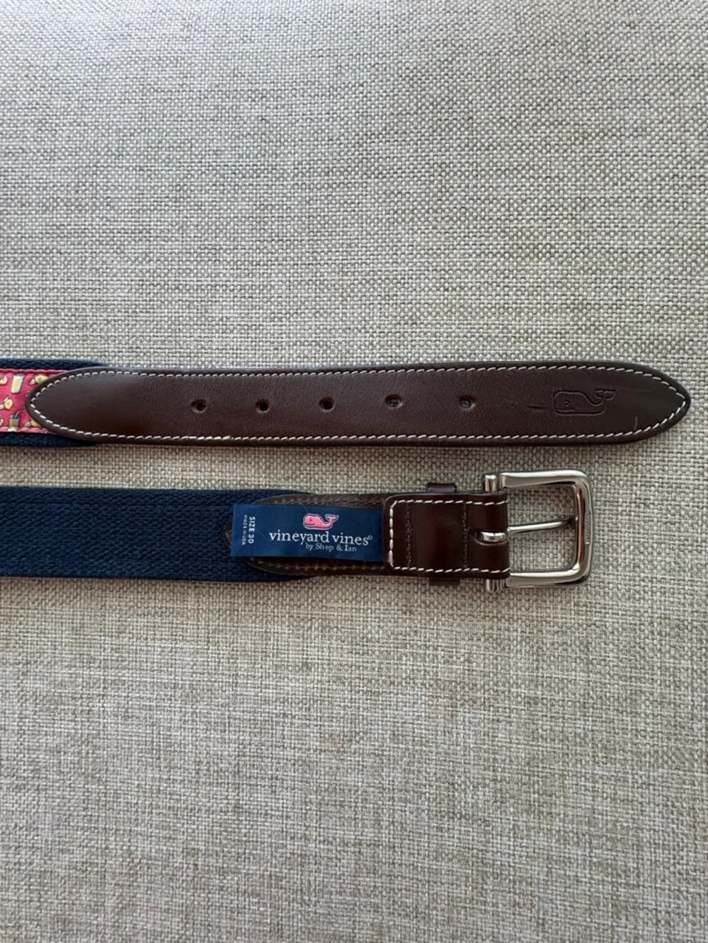 Vineyard Vines Leather & Canvas Club Belt – Pink Lemonade Print | Size 30